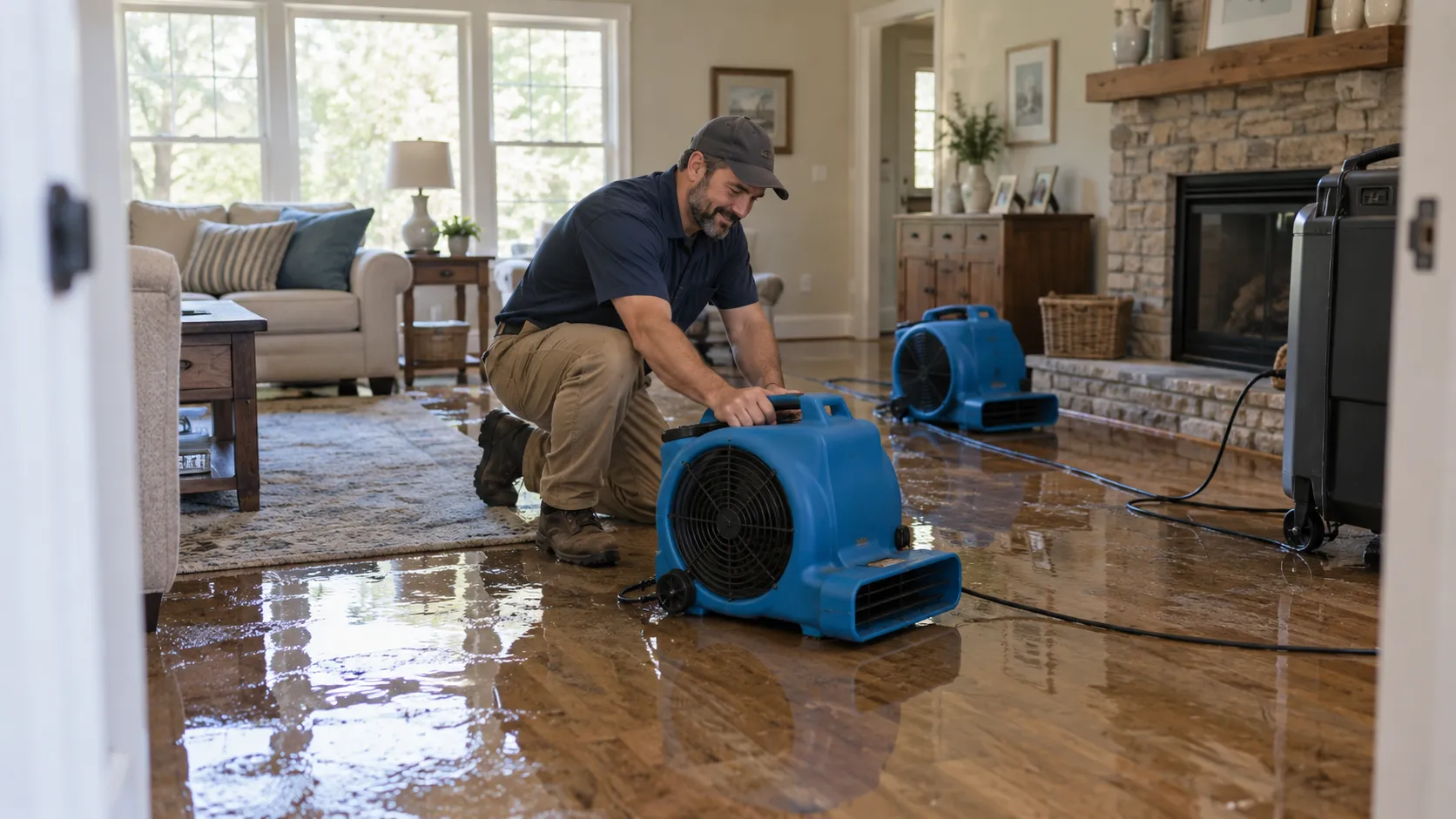 Water damage restoration technician drying a flooded living room in Dallas